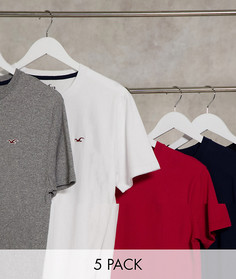 Комплект из 5 футболок с маленьким логотипом Hollister в цветах белый/серый/бордовый/темно-синий/черный меланж-Мульти