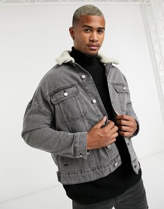 Серая джинсовая куртка oversized со съемным воротником из искусственного меха ASOS DESIGN-Серый