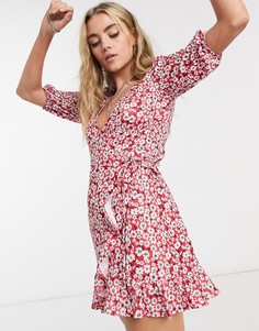 Красное платье мини с запахом и цветочным принтом Bershka-Красный