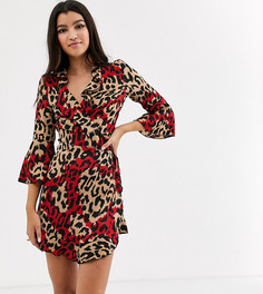 Платье мини с запахом, оборками, рукавами клеш и леопардовым принтом Outrageous Fortune-Многоцветный
