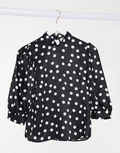 Черная блузка в горошек с высоким воротником и пышными рукавами Closet London-Черный