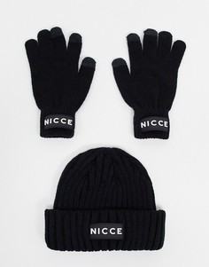 Подарочный комплект черного цвета из шапки-бини и перчаток для сенсорных гаджетов Nicce-Черный