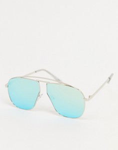 Солнцезащитные очки-авиаторы в серебристой оправе с синими стеклами ASOS DESIGN-Серебряный