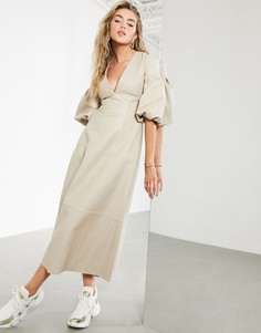 Светло-бежевое кожаное платье миди с пышными рукавами ASOS EDITION-Белый