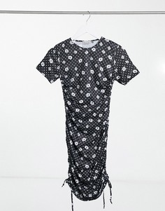 Платье-футболка с рюшами и цветочным принтом Street Collective-Черный цвет