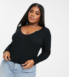 Черный кроп-топ в рубчик с вырезом с разрезом и с длинными рукавами ASOS DESIGN Curve-Черный цвет
