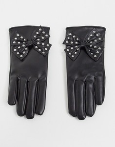 Перчатки из черной искусственной кожи с бантами с заклепками My Accessories London-Черный