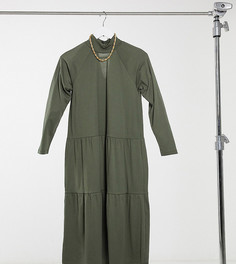 Свободное платье миди цвета хаки с ярусной юбкой ASOS DESIGN Petite-Зеленый
