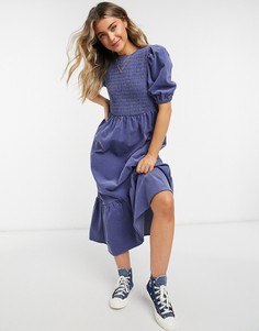 Синее вельветовое платье миди свободного кроя со сборками ASOS DESIGN-Голубой