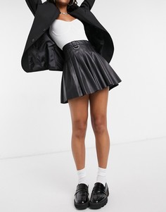 Черная плиссированная теннисная мини-юбка из искусственной кожи Bershka-Черный цвет