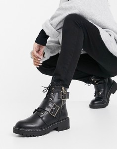 Черные ботинки на шнуровке с пряжками на массивной подошве New Look-Черный цвет