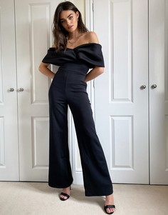 Черный комбинезон с открытыми плечами, драпированным лифом и широкими штанинами True Violet-Черный цвет