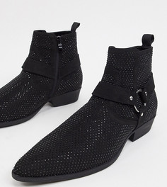 Черные ботинки-челси в стиле вестерн на кубинском каблуке из искусственной замши для широкой стопы с ремешком и отделкой стразами ASOS DESIGN Wide Fit-Черный цвет