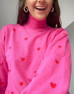 Розовый oversized-джемпер с высоким воротником и вышивкой с сердечками Heartbreak-Розовый цвет