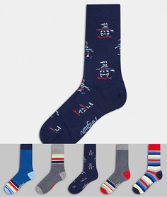 Набор из 5 пар новогодних носков с принтом синего/серого цветов в коробке Penguin-Мульти