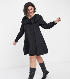 Свободное платье мини из поплина с длинными рукавами, воротником и отделкой кружевом Daisy Street Plus-Черный цвет