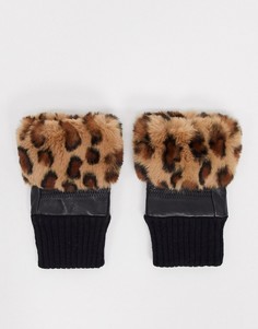 Черные кожаные перчатки без пальцев с отделкой из искусственного меха с леопардовой окраской Jayley-Мульти