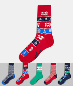 Набор из 5 пар новогодних носков с принтом синего/красного цветов в коробке Penguin-Многоцветный