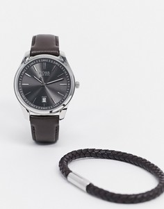 Подарочный набор из часов с кожаным ремешком и браслета BOSS-Коричневый цвет