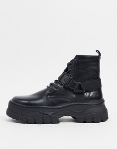 Черные ботинки из искусственной кожи на шнуровке с ремешком и массивной подошвой ASOS DESIGN-Черный цвет