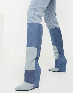 Синие джинсовые ботфорты на каблуке-танкетке ASOS DESIGN Cody-Синий