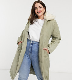 Удлиненное пальто с отделкой из искусственного меха и поясом Fashion Union Plus-Зеленый