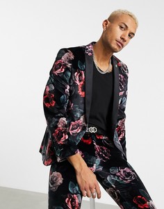 Черный бархатный пиджак с крупным цветочным принтом Twisted Tailor-Черный цвет