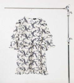 Платье мини с черно-белым цветочным принтом и рюшами In The Style Plus x Lorna Luxe-Многоцветный