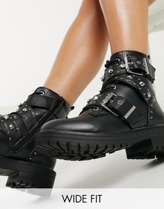 Черные ботинки со стразами, заклепками и пряжками New Look Wide Fit-Черный