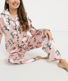 Атласный пижамный комплект из штанов и топа с длинными рукавами светло-розового цвета с принтом зебры-Розовый Night
