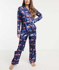 Атласный пижамный комплект из штанов и топа с длинными рукавами темно-синего цвета с принтом фламинго-Темно-синий Night