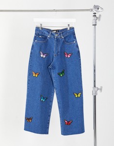 Короткие расклешенные джинсы с вышивкой в виде бабочек Minga London-Синий
