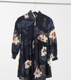Черное свободное платье-рубашка мини с цветочным принтом River Island Petite-Черный
