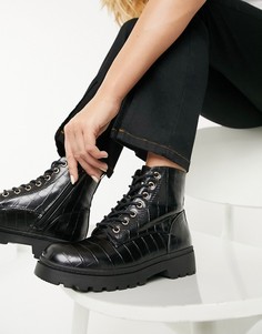 Черные ботинки на массивной подошве со шнуровкой из искусственной кожи под крокодила New Look-Черный