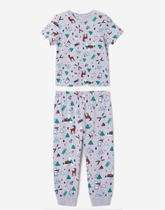 Серая пижама с новогодними рисунками для мальчика Gloria Jeans
