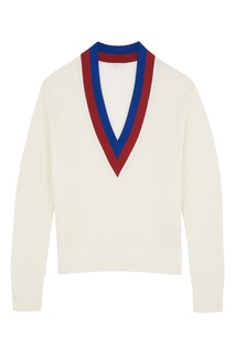 Белый пуловер с красно-синей отделкой Sandro