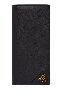 Черное кожаное портмоне с золотистым логотипом Prada