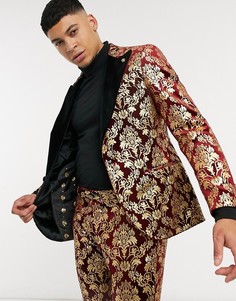 Бордовый бархатный пиджак с золотистым принтом в стиле барокко и контрастными лацканами Twisted Tailor-Красный