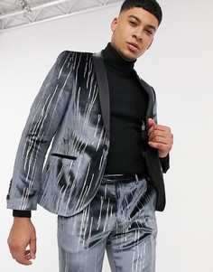 Бархатный костюмный пиджак с атласными лацканами черного цвета с серебристыми полосами Twisted Tailor-Серый
