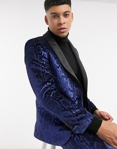 Пиджак с лацканами наклонной формы и синим змеиным принтом с эффектом «металлик» Twisted Tailor-Синий