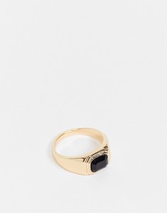 Золотистое кольцо-печатка с черным камнем DesignB-Мульти