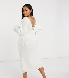 Трикотажное платье-джемпер с овальным вырезом на спине и кружевной отделкой Glamorous Curve-Белый