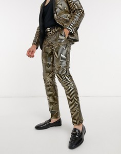 Брюки от костюма из черного бархата с фольгированным золотистым геометрическим принтом Twisted Tailor-Золотой