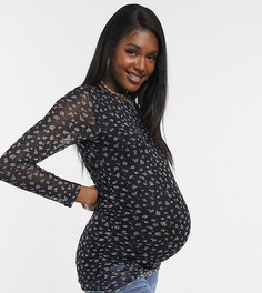 Черная блузка с сетчатым верхом и цветочным принтом для будущих мам Mamalicious Maternity-Мульти Mama.Licious