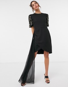 Черно-золотистое платье мини с сетчатым шлейфом и вышитыми рукавами Virgos Lounge-Черный