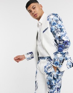 Белый пиджак с зеркальным цветочным принтом синего цвета Twisted Tailor