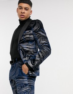 Темно-синий бархатный пиджак с фантазийным узором Twisted Tailor