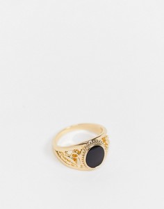 Золотистое кольцо-печатка с черным камнем и гравировкой DesignB-Золотой
