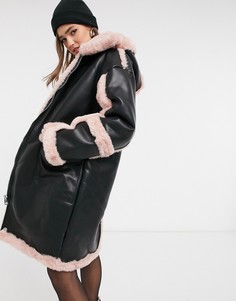 Удлиненное пальто в стиле oversized из искусственной кожи с розовым мехом Jakke azala-Черный