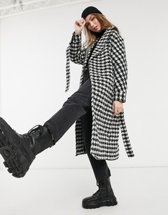 Черное пальто макси с поясом и узором "гусиная лапка" New Look-Черный